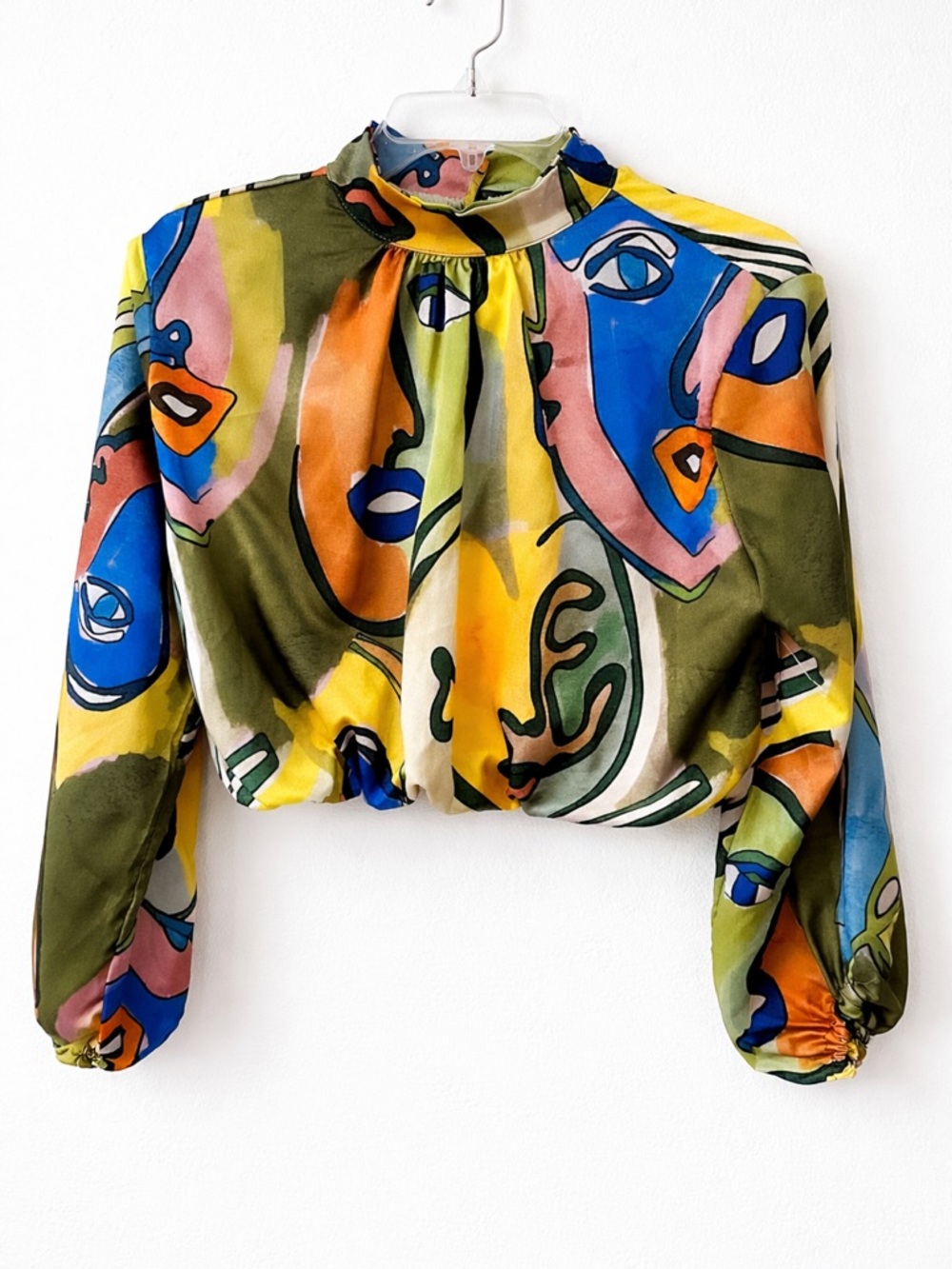 Abstract Face Print High Neck Crop Blouse Sz S Bold Wearable Art Top
